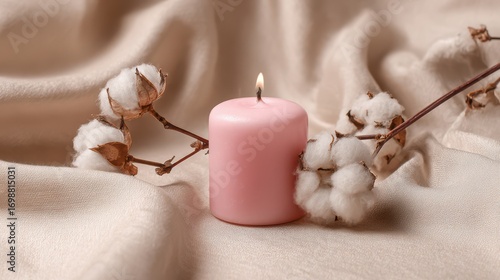 pink candle with cotton branches