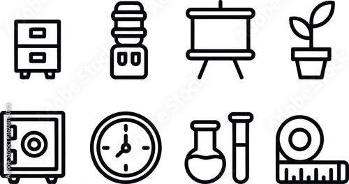 Modern Office Essentials A Collection of Minimalist Line Art Icons Depicting Office Supplies, Furniture, and Decorative Elements for Professional Environments and Workspaces