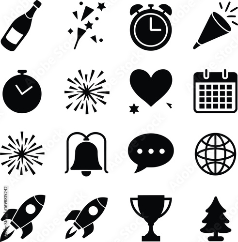 Vector art of festive celebration icons featuring champagne, confetti, alarm clock, party horn, fireworks, heart, calendar, bell, speech bubble, globe, rocket, trophy, and tree