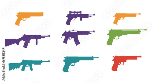 colorful silhouettes of various guns arranged neatly