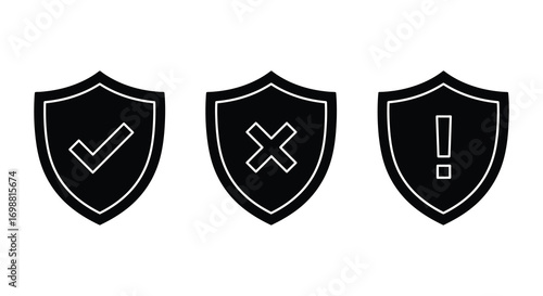 three shield icons with checkmark cross and exclamation symbols
