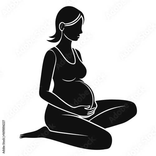 Vector art of silhouette of a pregnant woman sitting crosslegged with hands on her belly