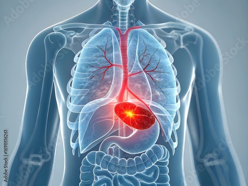 3D Medical Illustration of Gallbladder with Red Inflammation Highlight