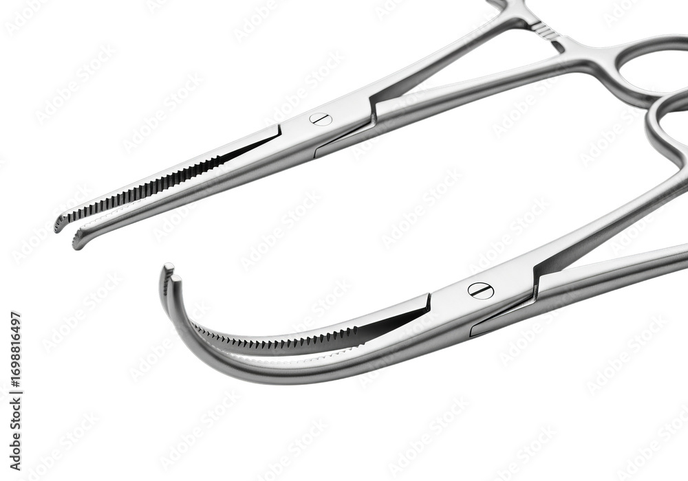 Fototapeta premium Close up of surgical forceps instruments ready for medical procedure detail view