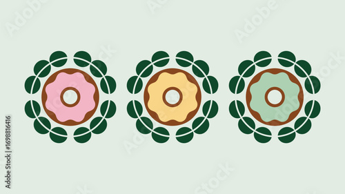 Delicious donuts with pastel frosting and fun floral wreath design, perfect for sweet treat designs