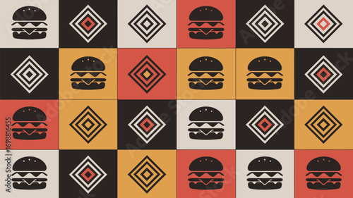 Trendy burger restaurant design pattern with geometric shapes, perfect for branding or marketing materials