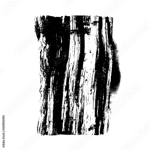 A black and white abstract rendering of a textured wood block with vertical grain patterns visible clearly