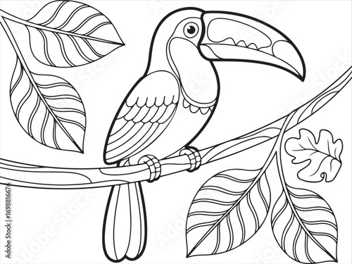 Outline drawing of tropical bird perched on tree branch