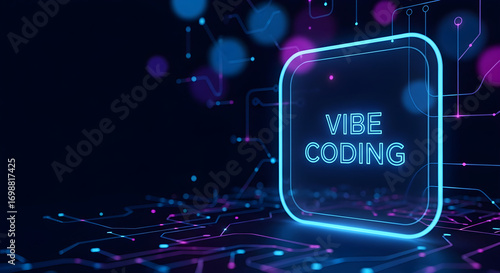 Futuristic concept of vibe coding with glowing neon text inside a frame on a digital circuit board.