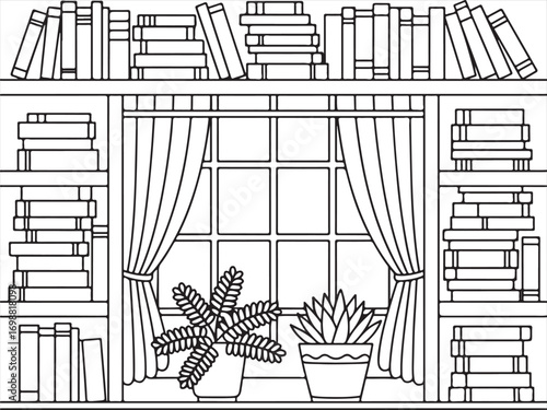 Minimalist monochrome room sketch with window and curtains