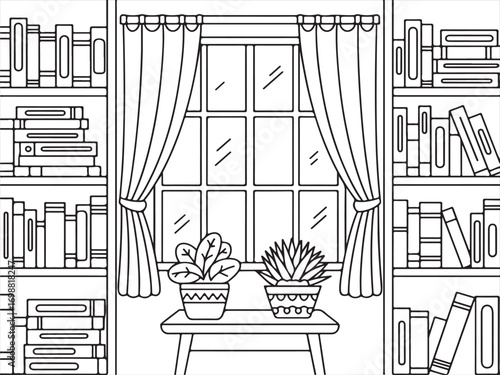 Outline sketch of bookshelf with potted plants and window view