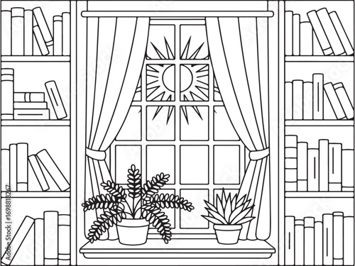 Black and white line drawing of home library interior with window and curtains