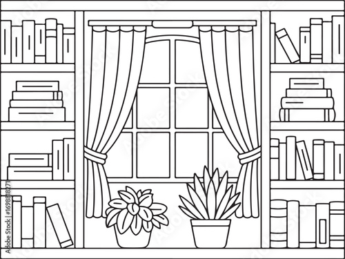 Line art of cozy home library with bookshelves, potted plants, window with curtains, and stacked books, perfect for coloring page or interior design illustration