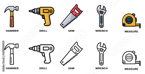 hand tools icon set with hammer, drill, saw, wrench and measure symbols, vector illustrations for construction, repair and diy projects