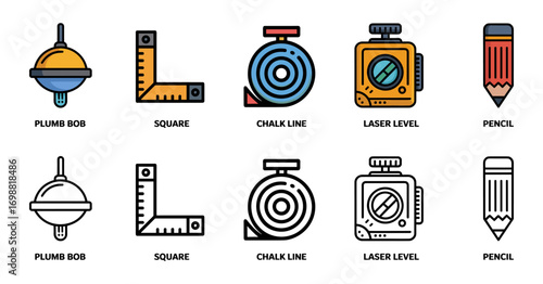measurement and layout icon set with plumb bob, square, chalk line, laser level and pencil symbols, vector illustrations for carpentry and precision work