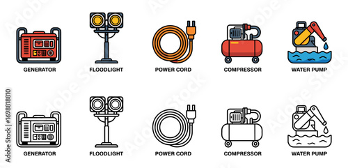 power and site utilities icon set with generator, floodlight, power cord, compressor and water pump symbols, vector illustrations for construction equipment