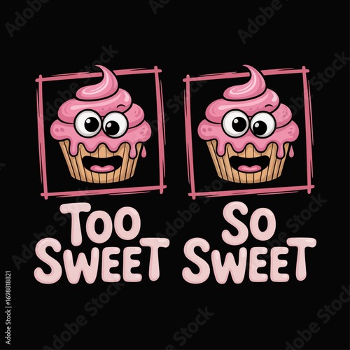 Featuring two identical, playfully smooshed cupcakes rendered inside bright bubblegum pink hand-drawn squares with dripping pink frosting.