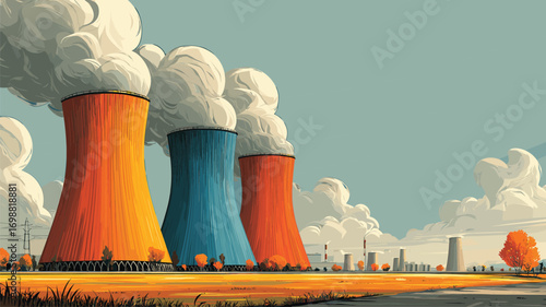 Dramatic nuclear power plant cooling towers emitting white steam clouds in sunny weather for energy industry campaigns.

