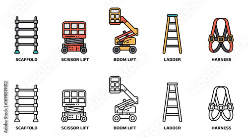 scaffolding and access icon set with scaffold, scissor lift, boom lift, ladder and harness symbols, vector illustrations for working at height