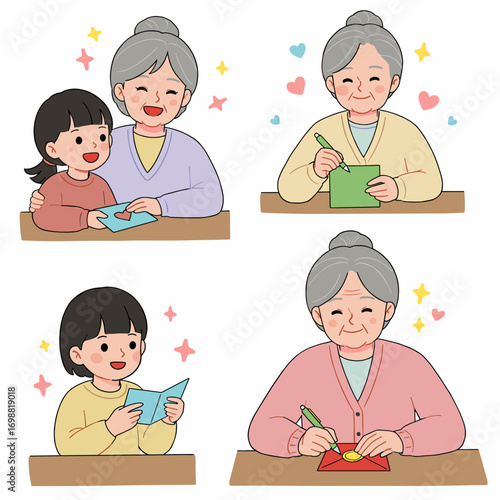 An elderly woman and her granddaughter are doing needlework at a table