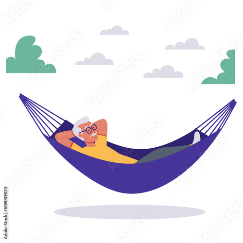 An elderly man is resting in a hammock outdoors under a cloudy sky