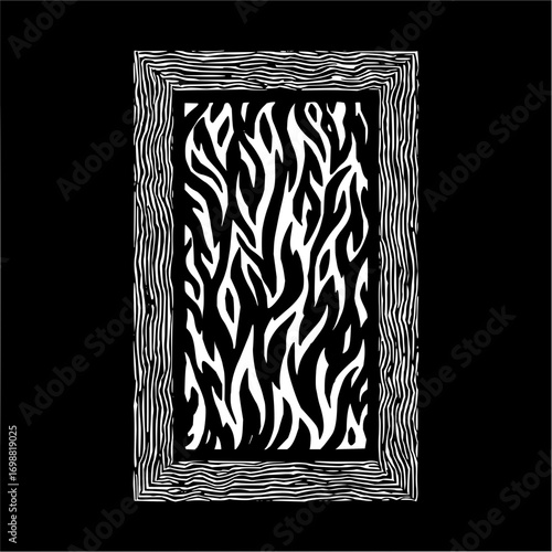 Abstract black and white pattern featuring a rectangular frame with flame like shapes inside the border