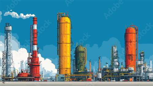 Colorful oil refinery towers and pipelines against a clear blue sky for industrial marketing and energy sector branding.

