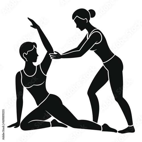 Vector art of two women silhouettes performing yoga pose together