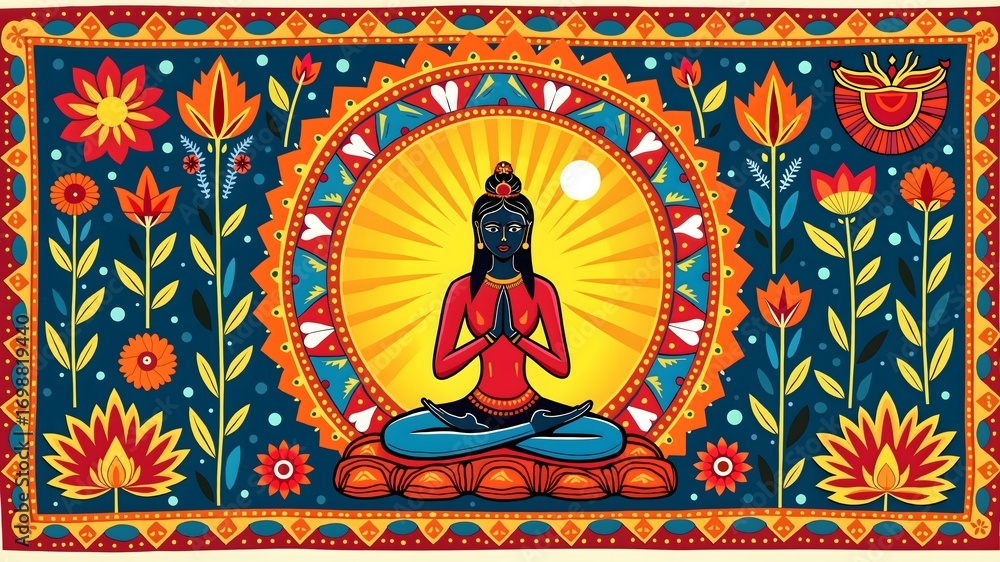 Fototapeta premium International Yoga Day sale banner design free space in the center Madhubani Paintings style