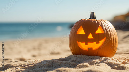 Fototapeta Naklejka Na Ścianę i Meble -  Halloween pumpkin on a sandy beach by the ocean, a unique coastal holiday celebration with spooky seasonal decor and sunny vibes.
