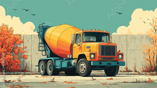 Bright yellow cement mixer truck parked by an industrial wall with autumn leaves for construction and heavy vehicle branding.

