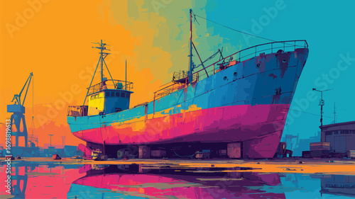 Large cargo ship docked at an industrial shipyard with cranes under vivid sunset colors for maritime trade and shipping industry campaigns.

