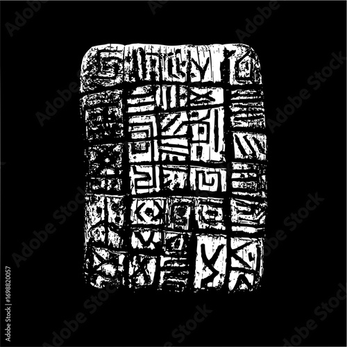 Illustration of a rectangular block with carved symbols and patterns in black and white contrast style