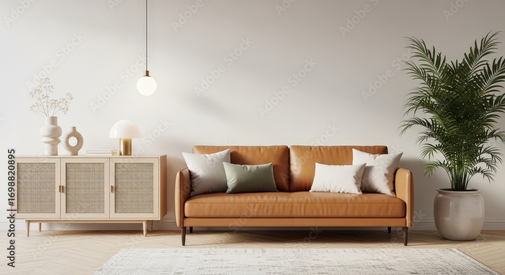 Obraz premium Modern living room with a tan leather sofa and a rattan cabinet