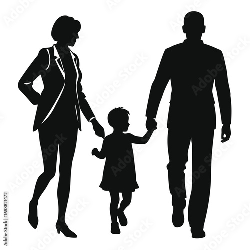 Vector art of silhouette of a family, parents holding hands with their child