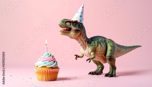 Toy dinosaur in party hat beside cupcake—whimsical birthday scene with pink frosting and playful charm.