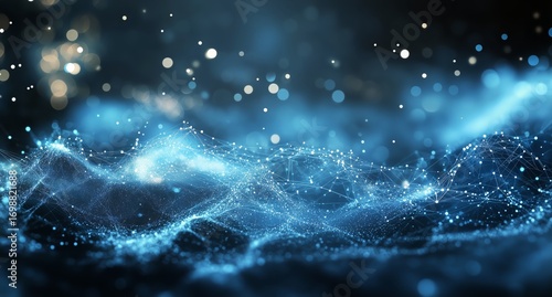 Abstract Blue Waves of Glowing Particles Flowing in the Dark Like a Digital Landscape.