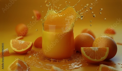 Fresh Orange Juice Splashes From Clear Glass With Oranges on Yellow Background