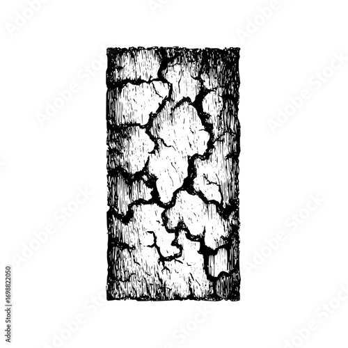 Illustration of a rectangular section of tree bark with deep cracks and rough texture in black and white ink