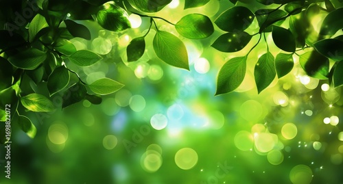 Fresh Green Leaves and Bright Sunlit Bokeh Create a Springtime or Summertime ...