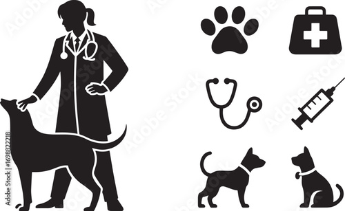Veterinarian Silhouette with Animals and Medical Icons on a Transparent Background