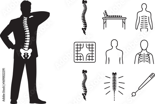 Chiropractor Silhouette with Spinal Health Icons on Transparent Background Vector Design
