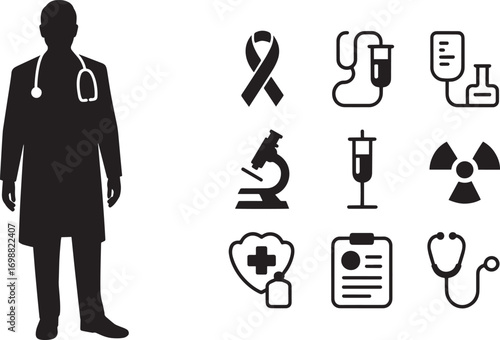 Medical Professional and Healthcare Icons Representing Diagnosis, Treatment, and Research