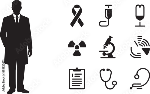 Medical Professional and Healthcare Icons Set Doctor, Ribbon, Radiation, Microscope, Stethoscope