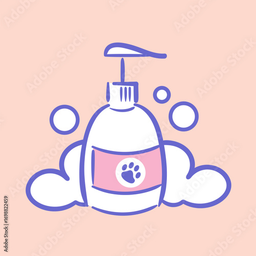 A playful vector illustration showcasing a sketch-style pet shampoo bottle with a charming label. foam, adding a fun touch. The design captures the essence of pet grooming
