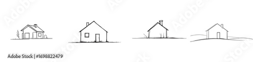 Minimal house line art, cozy rural cottage drawn with clean black lines on white background, homestead symbolizing comfort, real estate, mortgage, countryside lifestyle, calm mood, modern minimalism