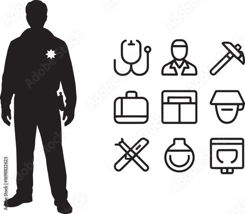 Officer Silhouette with Law Icons on Transparent Backdrop for Security Design