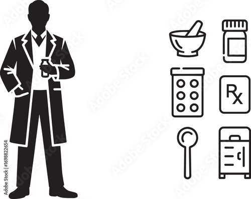 Pharmacist Silhouette with Medical Icons Pharmacy Professional Healthcare Treatment Remedy