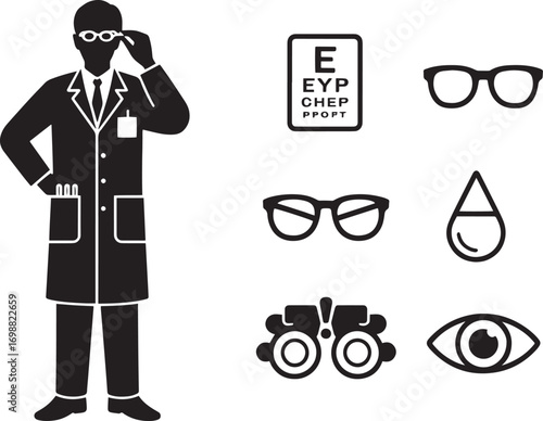 Optometrist Silhouette with Eye Care Icons for Vision and Eye Health Concepts