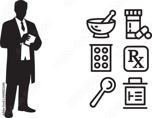 Pharmacist Silhouette with Medical Icons Pharmacy Professional Healthcare Treatment Remedy
